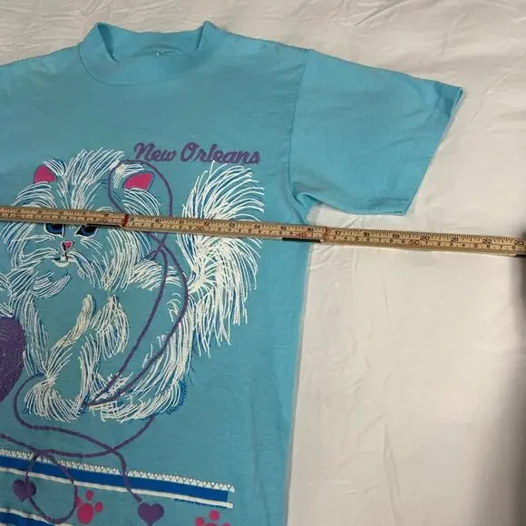 Vintage Cat Tee T-Shirt Size Small Single Stitch 80s Puff Paint New Orleans Tee - Picture 3 of 12